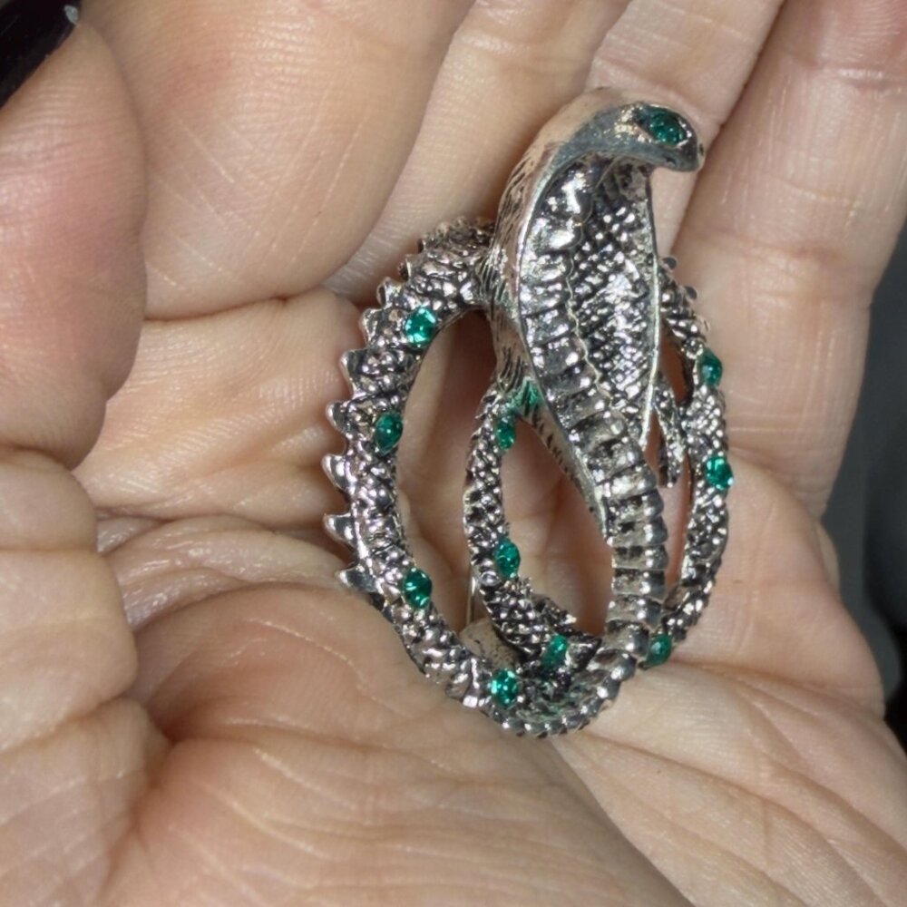 Cobra Brooch Rhinestone Snake Silver Tone 2 Inch - Picture 6 of 8